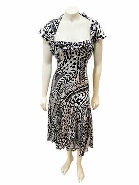 Nina Austin Silk Beaded Abstract Black and White Dress Large